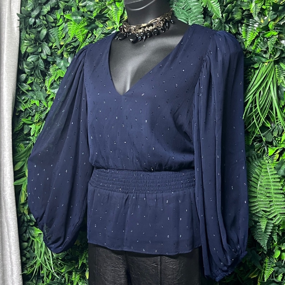 MSK Top Women's XL Blue Sparkle V Neck Smocked Waist Bishop Sleeve Blouse 3241